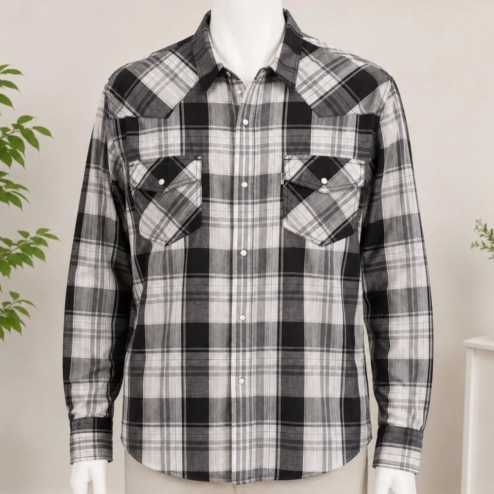 Levis Mens XL Modern Western Pearl Snap Front Plaid Shirt Cowboy Vintage Style